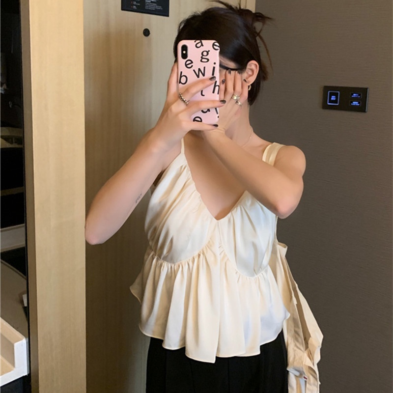 Áo Hai Dây Cổ Chữ V Xếp Ly Quyến Rũ Thời Trang Hè Cho Nữ