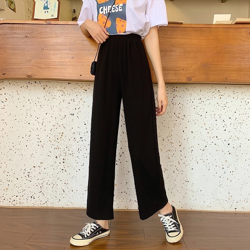 Quần Dài Vải Ống Suông Nữ Màu Đen Cạp Chun Chất Cát Hàn Baisc Dễ Mix Đồ Phong Cách Ulzzang Co Dãn Thoải Mái Mặc Đi Học