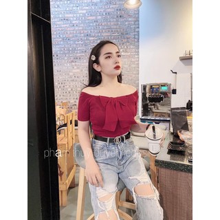 Áo len trễ vai nơ