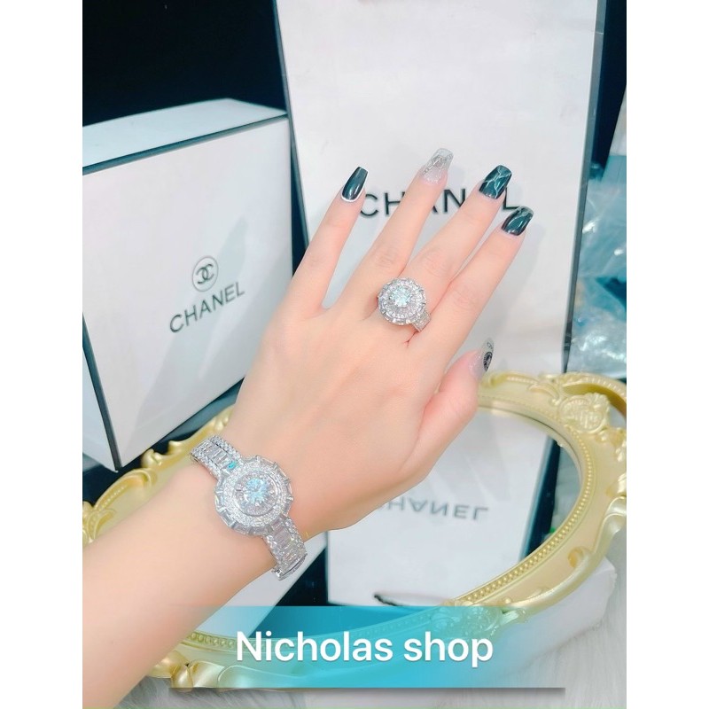 Bộ vòng + nhẩn đính đá bagguet mạ bạch kim