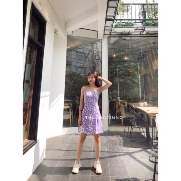 Váy 2 dây hoa cúc 2 màu đen/tím - đầm 2 dây hoa nhí ( có bán áo len mỏng khoác ngoài)