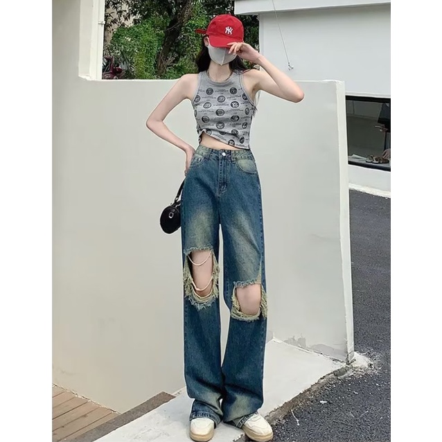 Quần jean rách quần jean nữ rách dây kéo thời trang quần jean thẳng đơn giản phong cách Hàn Quốc quần jean ống rộng bigsize