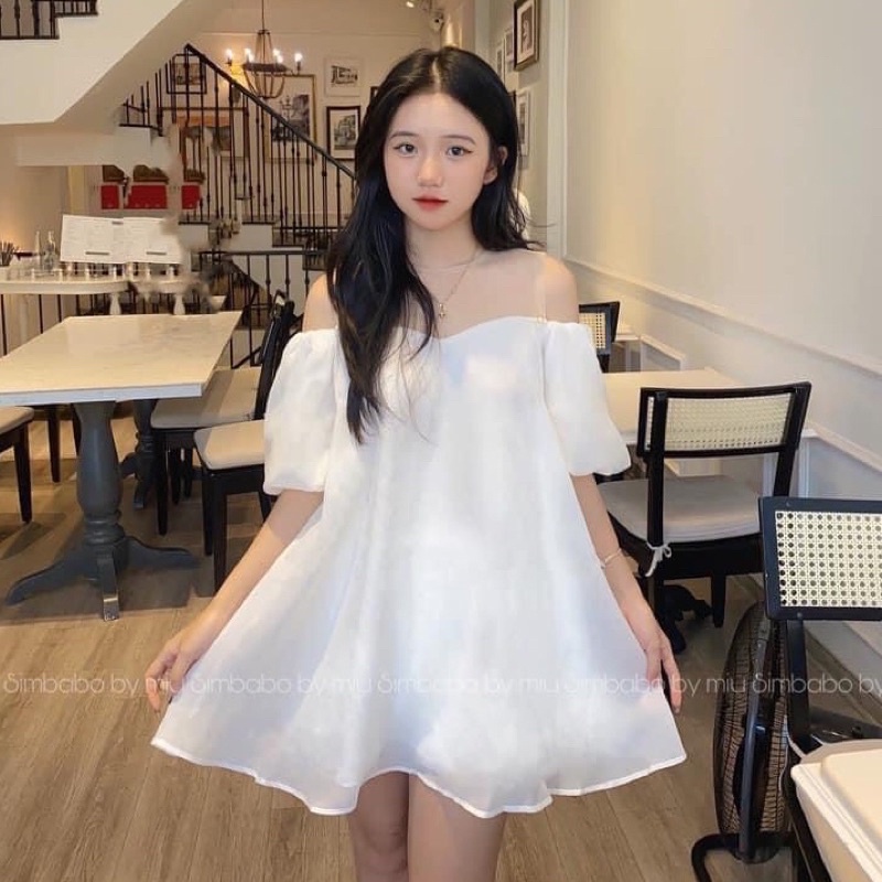 Áo voan trễ vai tay bồng đính cúc ngọc form giấu quần sang chảnh
