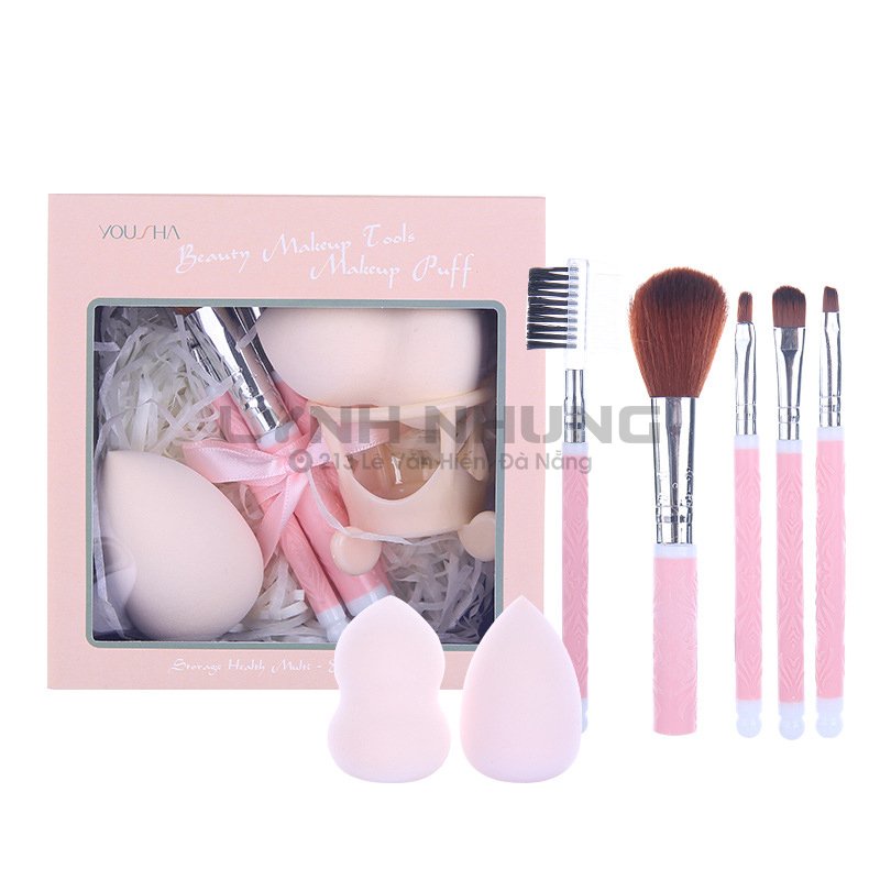 Set 02 bông phấn + bộ 5 cọ trang điểm cơ bản cho người mới bắt đầu học makeup