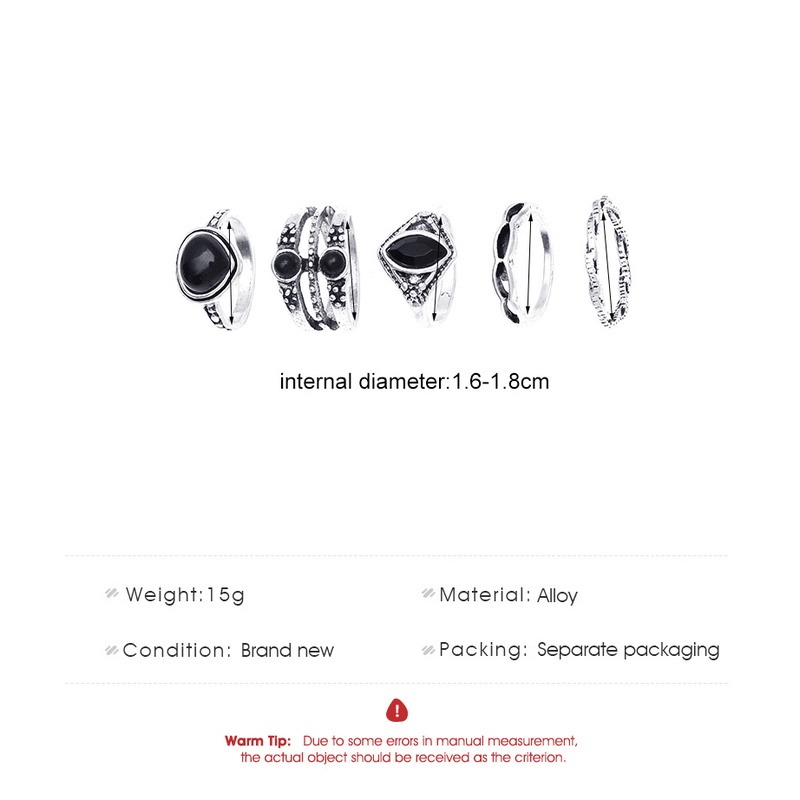 Set 5 nhẫn kim loại đính đá đen phong cách Âu Mỹ