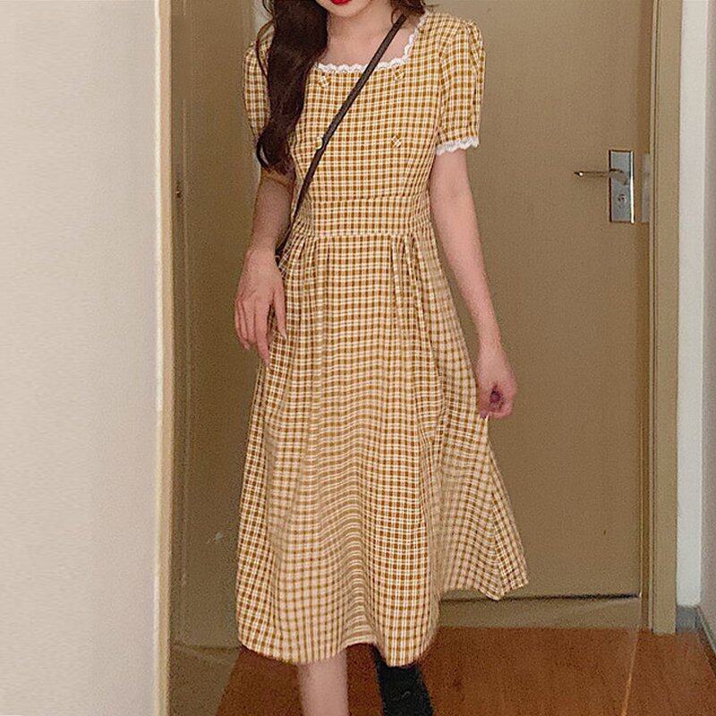 Đầm Midi Cổ Vuông Họa Tiết Sọc Caro Phong Cách Cổ Điển Thời Trang Mùa Hè Xinh Xắn Cho Nữ