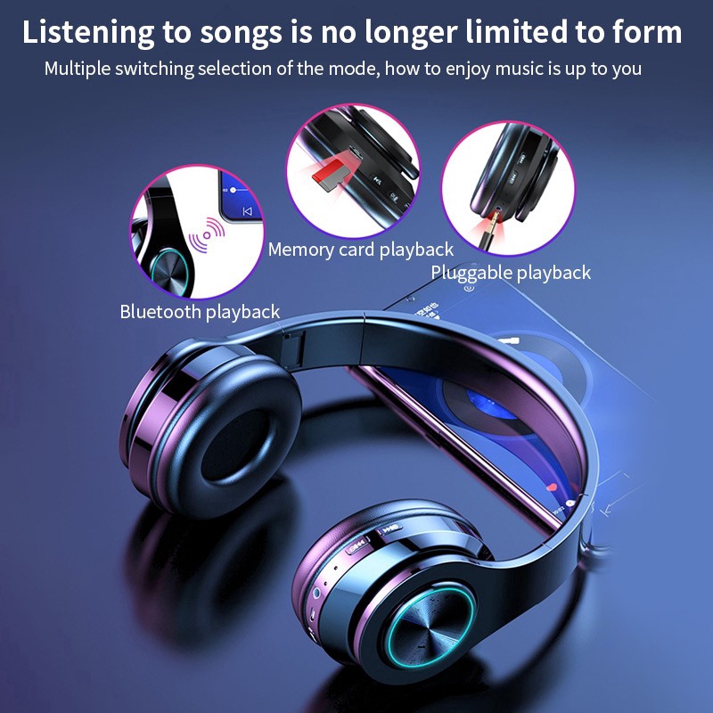 [✅COD]  LED Colorful Breathing Lights Portable Folding Wireless Bluetooth Headphones With MIC