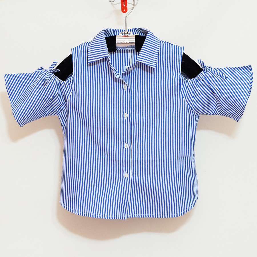 Áo sơ mi bé gái sọc rớt vai tay loe thời trang ( size nhỏ và đại)