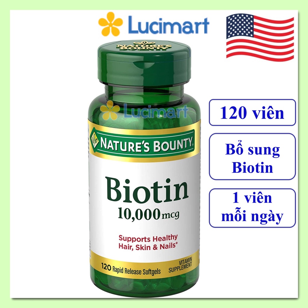 Viên uống Biotin 10000mcg hỗ trợ da, móng, tóc Nature’s Bounty hũ 120 viên [Hàng Mỹ]