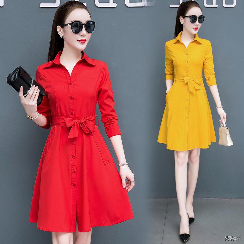 Váy phụ nữ mùa xuân / hè 2020 mới của Hàn Quốc Thời trang mỏng dài tay trung bình Áo sơ mi đỏ có tính khí