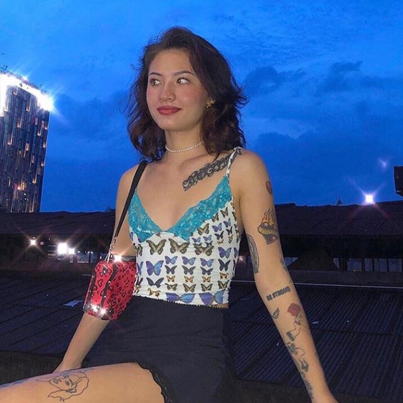 DUNEA Áo Hai Dây In Họa Tiết Bướm Xinh Xắn Dành Cho Nữ