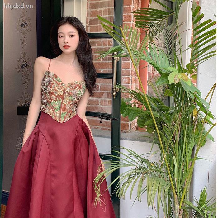 Đầm hai dây dáng dài phồng in họa tiết thời trang xuân thu phong cách Hàn Quốc cổ điển cho nữ