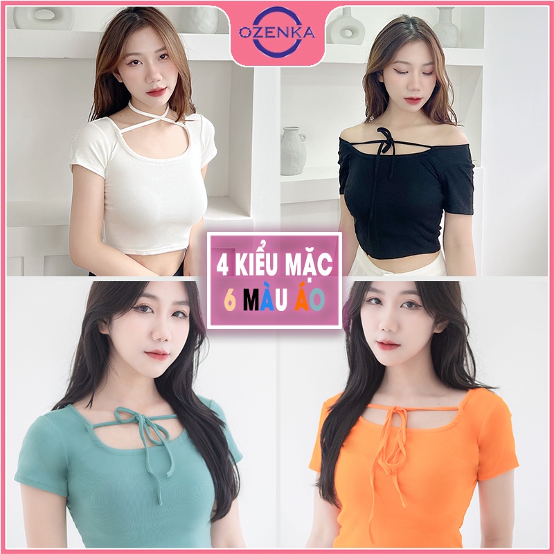 Áo croptop nữ cổ vuông tay ngắn kiểu sexy buộc dây ôm OZENKA , ao crt thun 100% cotton nhiều màu mặc trễ vai dưới 55 cân