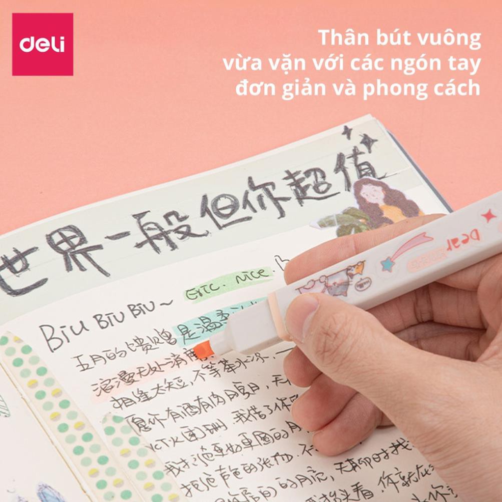 Bút highlight kèm sticker Deli - nhấn dòng macaron dạ quang - hộp 6 chiếc - S742 .