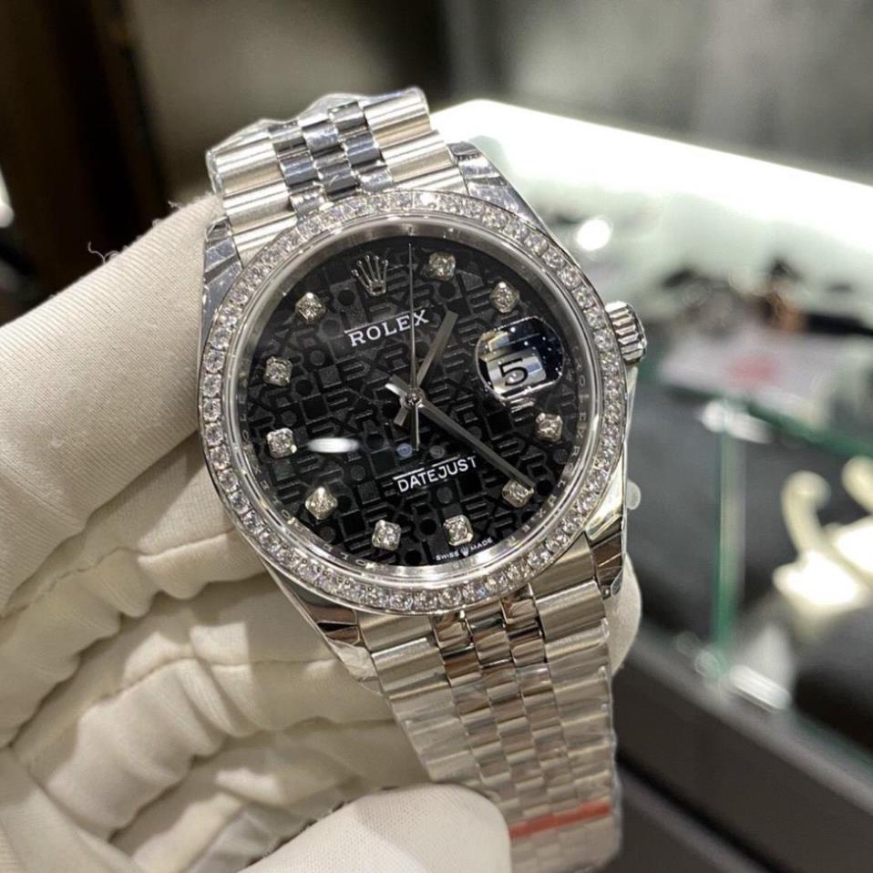 Đồng hồ Nam Rolex -đồng hồ cơ Automatic máy nhật classic mặt Đen 3D viền đá size 36mm-38mm