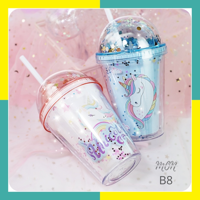 🌸sẵn🌸 Ly nước giữ nhiệt 2 lớp nhựa an toàn họa tiết UNICORN lấp lánh phong cách Hàn Quốc - B8