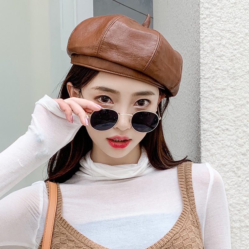 Mũ nồi Beret nữ thời trang da PU có dây rút điều chỉnh vòng đầu 3 màu bát giác
