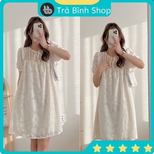 Váy babydoll họa tiết hoa chìm phối ren xếp ly ngực, đầm suông tay bồng bo chun thắt nơ cổ - VR198 - Trabinhshop
