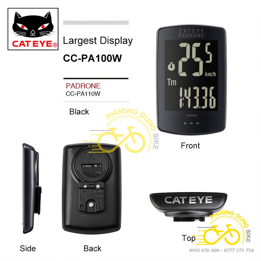 Đồng hồ đo tốc độ xe đạp không dây Cateye Padrone Stealth CC-PA100W