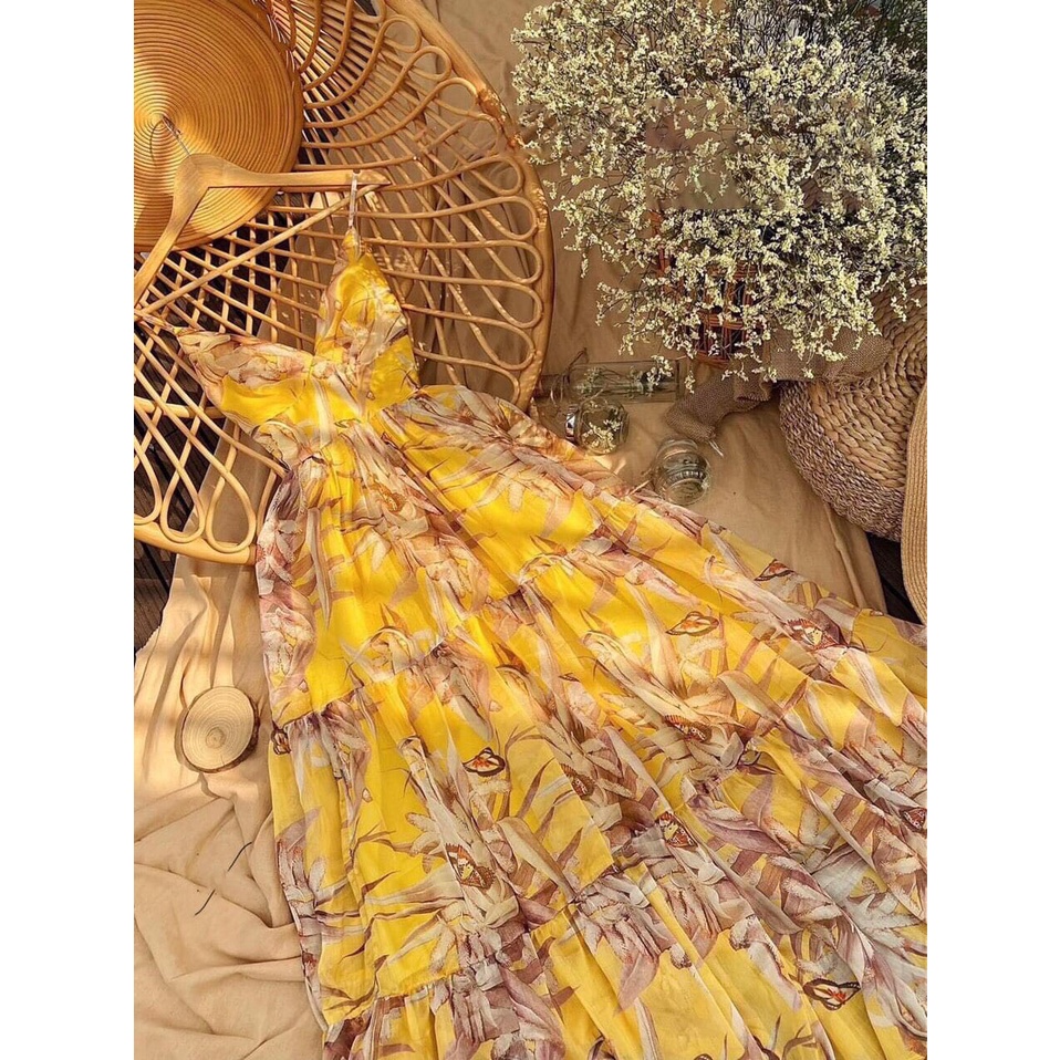 đầm maxi đi biển von lụa họa tiết hoa siêu xinh (kèm hình thật)