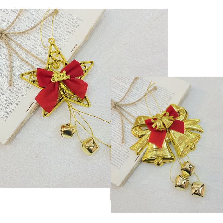 Chuông và sao đính nơ nhí đỏ CC03 trang trí noel giáng sinh