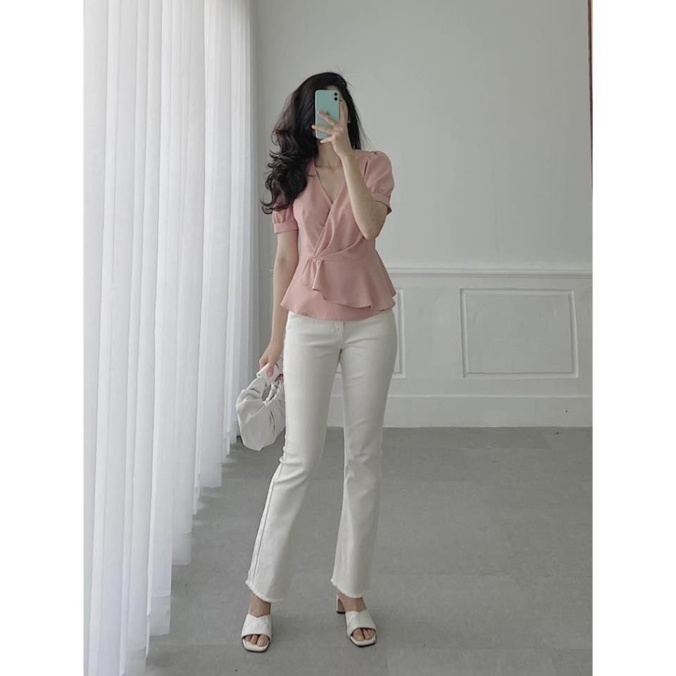 Áo sơ mi cổ V dáng peplum xòe cộc tay - áo sơ mi công sở nữ 097