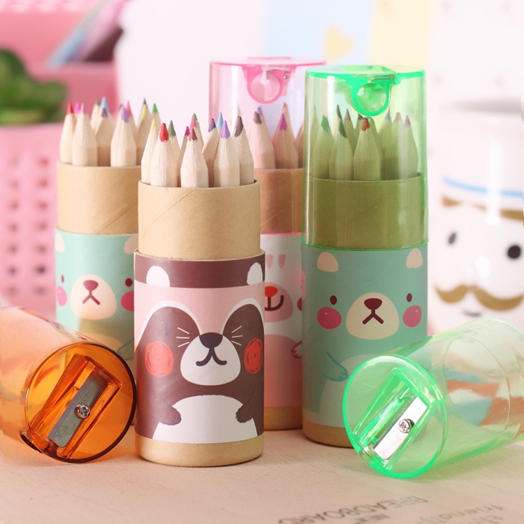 Hộp mini 12 bút chì màu kèm đồ gọt bút quà tặng đáng yêu cho bé đồ dùng học tập cute