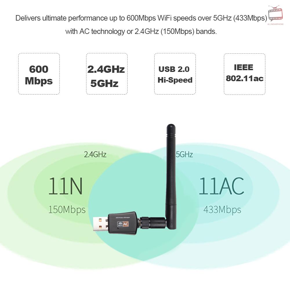 Usb Wifi 600mbps 2.4ghz / 5.0ghz Ethernet 802.11ac Kèm Ăng Ten Cho Laptop / Máy Tính Để Bàn Điện Thoại