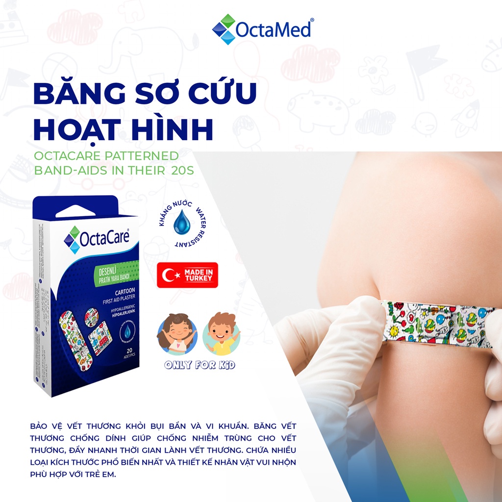 Băng dán sơ cứu y tế / Băng cá nhân Octacare không thấm nước họa tiết hoạt hình cho trẻ em - Hộp 20 miếng