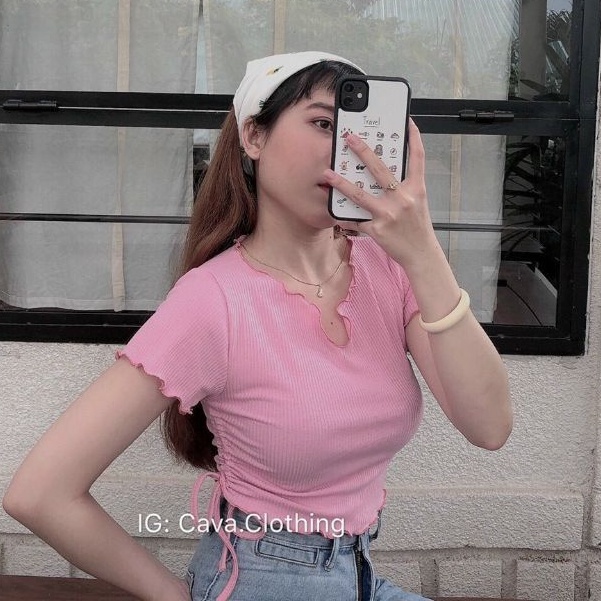 Áo thun tay ngắn rút dây 1 bêm cổ V