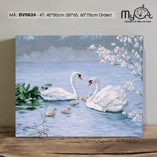 Tranh tự tô màu theo số sơn dầu số hóa Myart - Tranh động vật Gia đình đàn thiên nga trắng DV0624