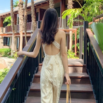 Váy đi biển INFLACHI jumpsuit nữ·dáng dài maxi đẹp hở lưng 2 dây bikini bigsize Hàn Quốc ren sang chảnh DK2T301