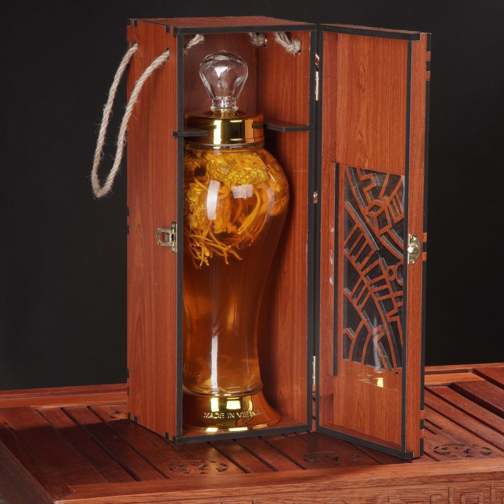 Bình Thủy Tinh Đông Trùng Hạ Thảo Tươi dùng Ngâm Mật Ong 1L - Hộp gỗ cao cấp