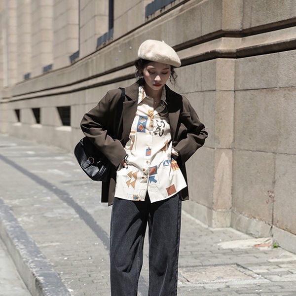 Áo sơ mi tay dài in họa tiết hình học retro thời trang công sở thời trang cho nữ