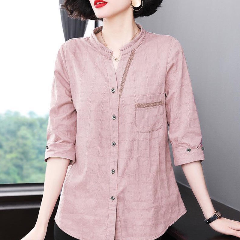 Áo sơ mi cotton tay lửng dáng rộng kẻ sọc caro thiết kế dành cho phụ nữ trung niên