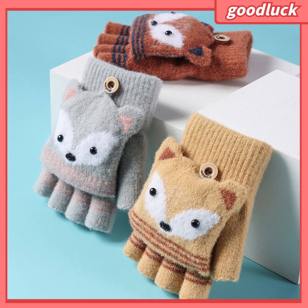 1 Đôi Găng Tay Hở Ngón Co Giãn In Họa Tiết Cáo Hoạt Hình Thời Trang Mùa Đông Cho Bé Trai Và Gái 6-10 Tuổi
