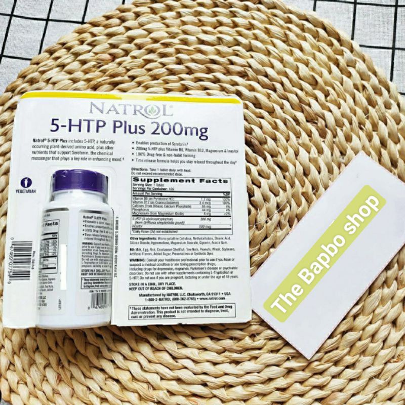 Viên uống giảm stress và tạo hưng phấn Natrol 5-HTP Plus 100mg - 200mg của Mỹ