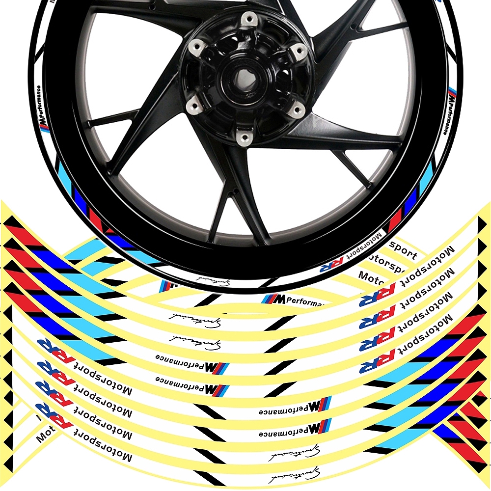 Set 16 sticker phản quang dán vành bánh xe mô tô BMW 17/18 inch