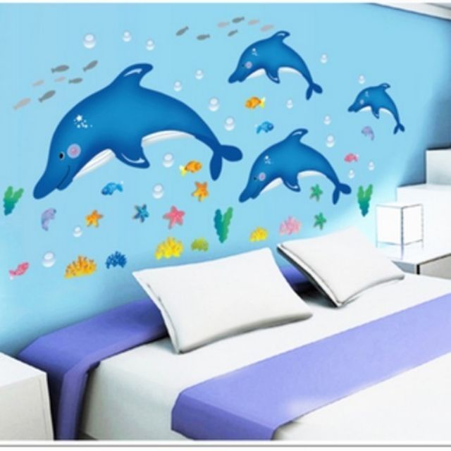 Decal dán tường cá voi xanh