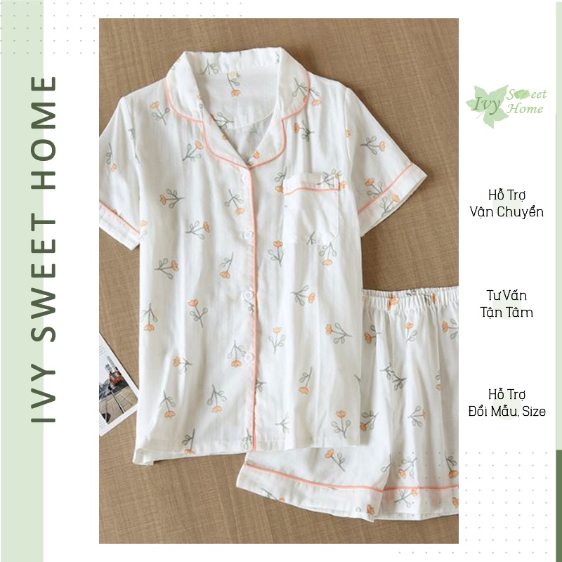 Bộ Đồ Ngủ Nữ Cotton Mát Mẻ Hạc Xanh ♥️ Đồ ngủ vải xô  IVY330