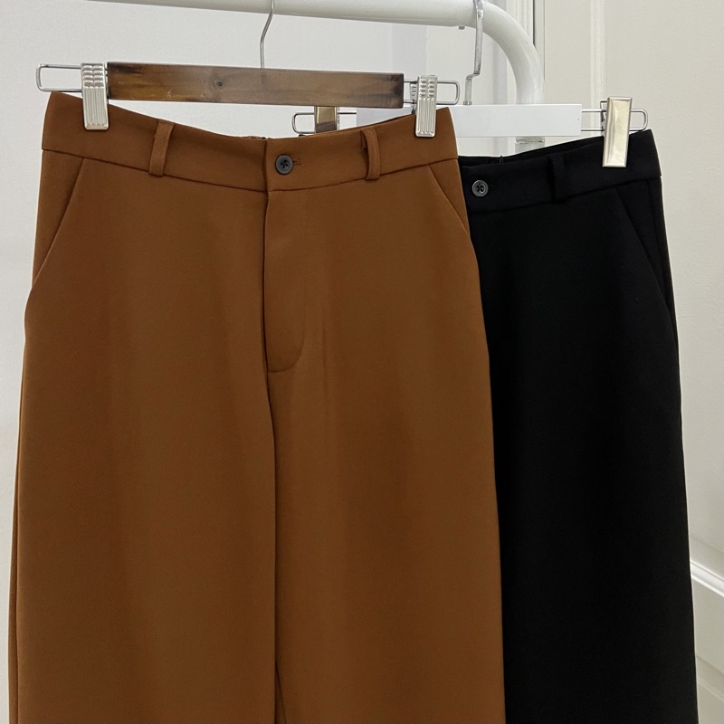 Quần ống rộng lửng xắn lai lưng cạp cao xuông dài form culottes màu đen và nâu cam - Sunstore