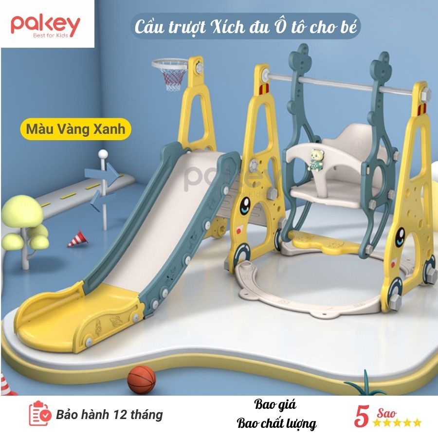Cầu trượt xích đu cho bé Pakey hình Ô tô ngộ nghĩnh TẰNG KÈM Bộ Bóng Rổ mẫu mới nhất