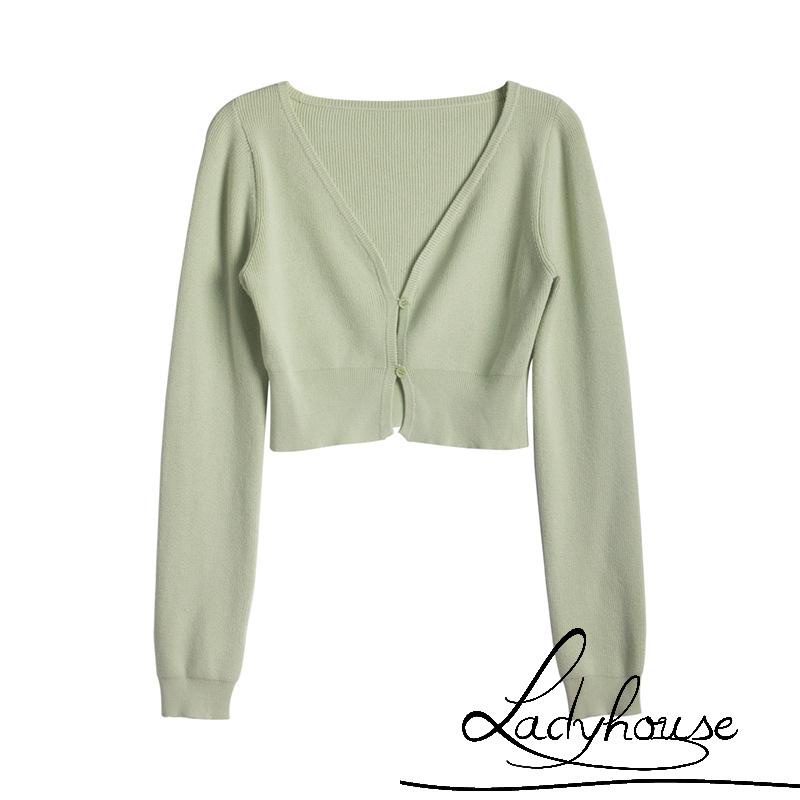 Áo croptop dệt kim tay dài cổ chữ V màu sắc đơn giản dành cho nữ