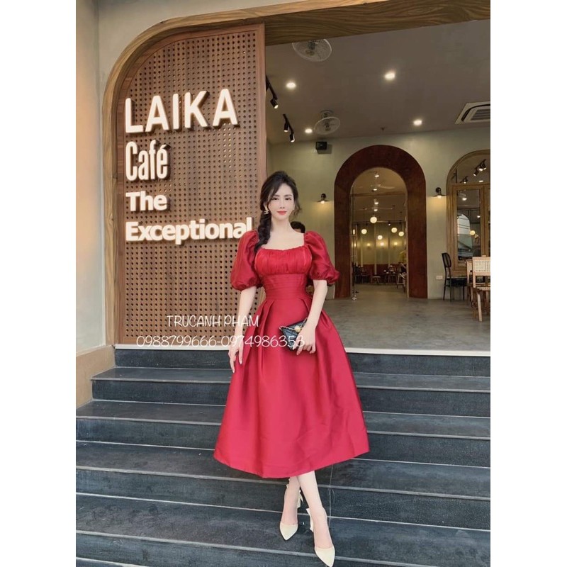 [ HÀNG CAO CẤP ]Đầm cổ vuông tay phồng xếp li eo thiết kế dự tiệc sang trọng | BigBuy360 - bigbuy360.vn