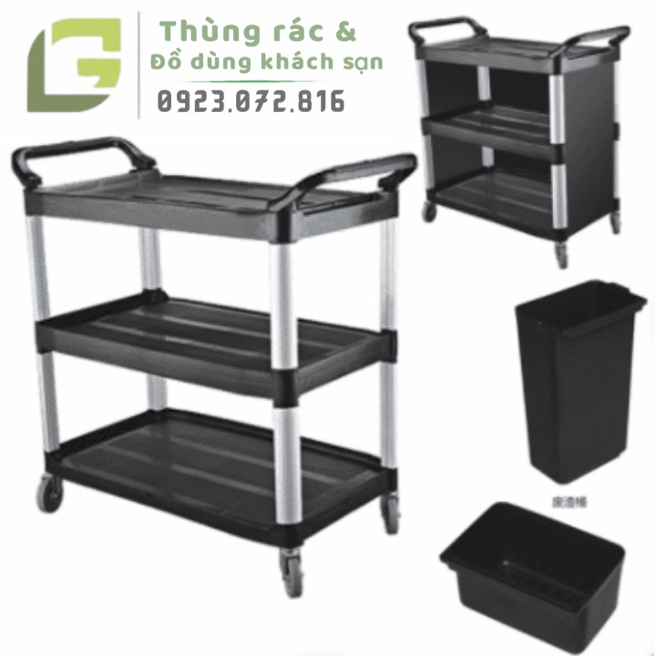 Xe đẩy dọn thức ăn, xe thu gom bát đũa 3 tầng bằng nhựa