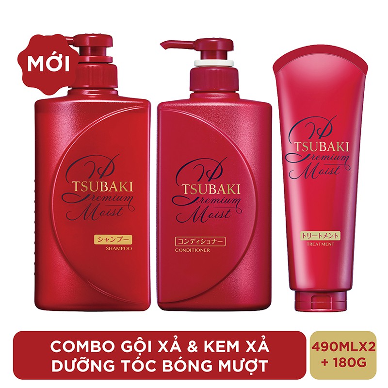 Combo gội xả và kem xả Dưỡng tóc bóng mượt Premium Moist Tsubaki (490mlx2 + 180g) | BigBuy360 - bigbuy360.vn