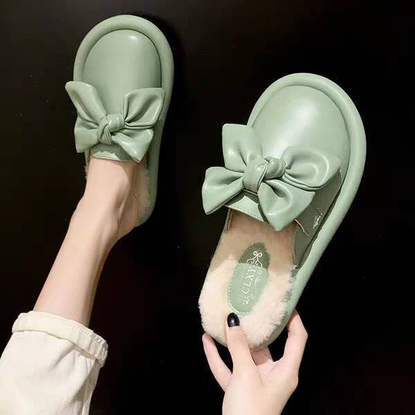 Dép Cotton Phối Lông Đính Nơ Thời Trang Thu Đông Cho Nữ Có Size Lớn