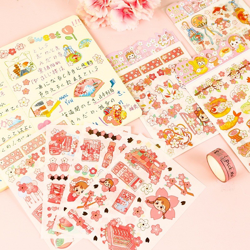 Set 04 tờ stickers ánh kim đáng yêu bé gái Nhật bản hoa sakura anh đào sẵn hàng siêu rẻ