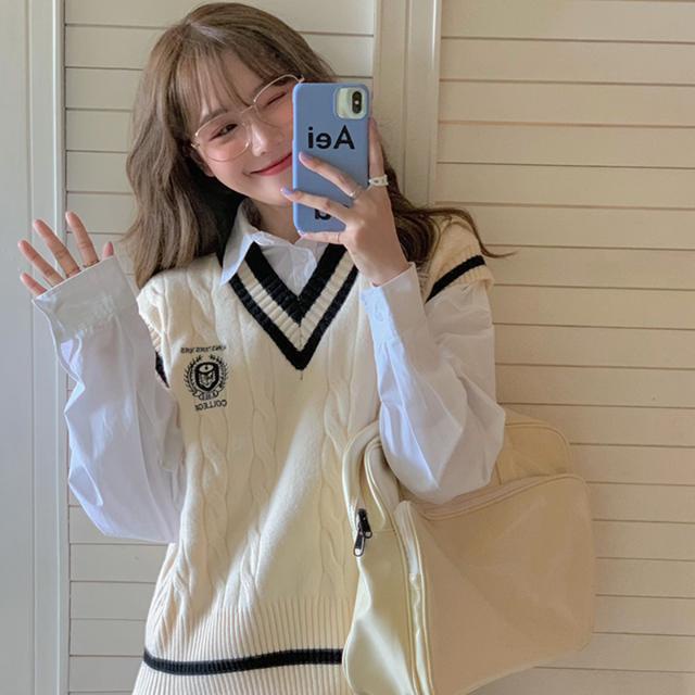 COZOK Set áo len không tay + áo sơ mi tay dài dáng rộng phong cách thời trang hàn quốc