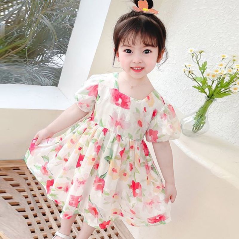 Đầm Bé Gái Đầm Công Chúa Mùa Hè Cổ Vuông Tay Cộc Kiểu Hàn Quốc Cho Bé Gái Se7En